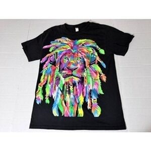 Euro Cotton Neon Lion Graphic T-Shirt Black Mens Large Reggae Psychedelic Tee